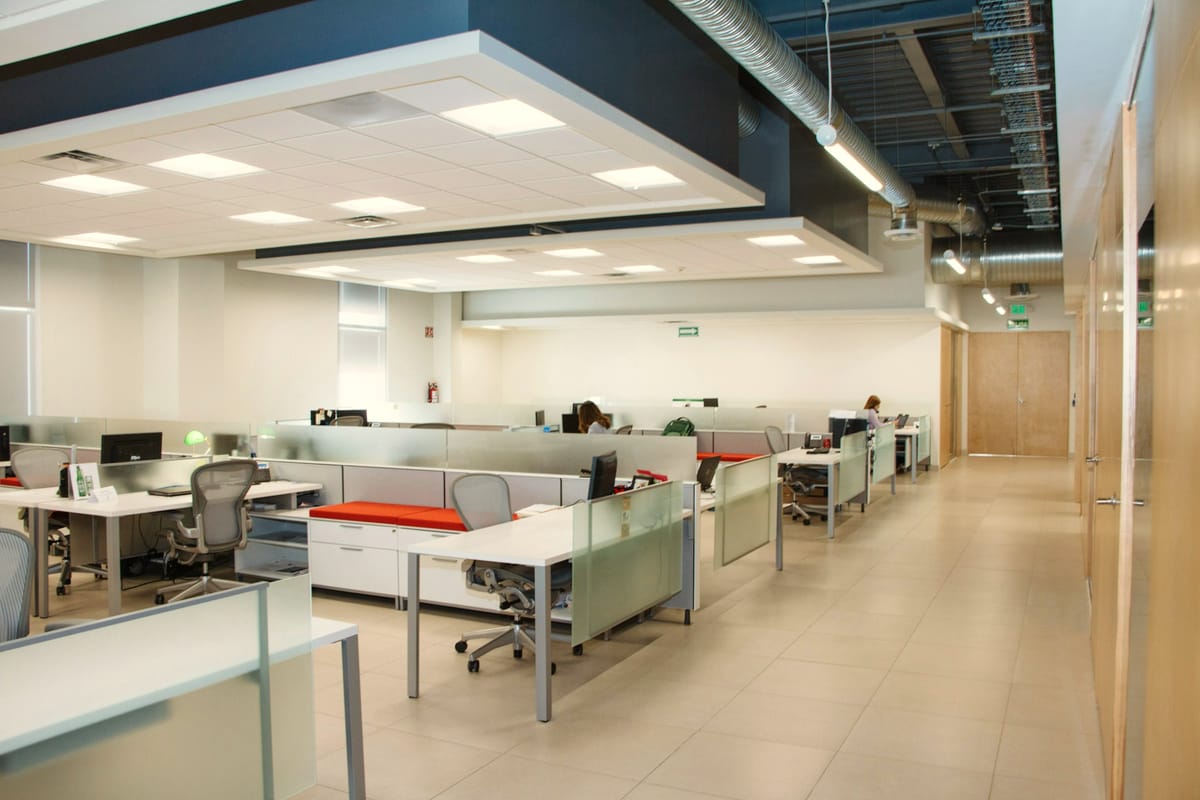 Clean open-plan office with rows of desks after janitorial service