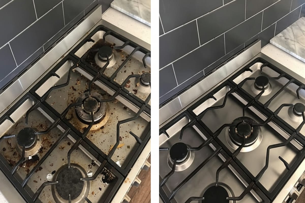 Before and after of a greasy gas stovetop cleaned during a move-out cleaning in Thorold