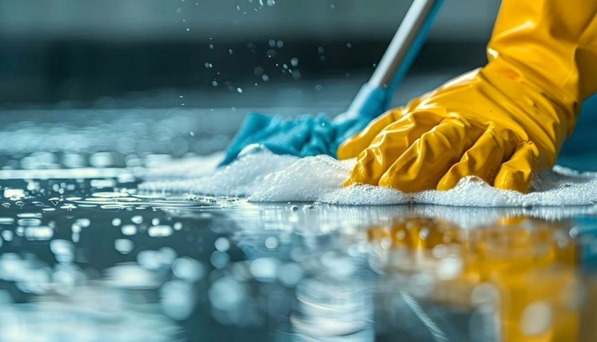 Cleaner in yellow gloves scrubbing a floor during a deep clean in St. Catharines